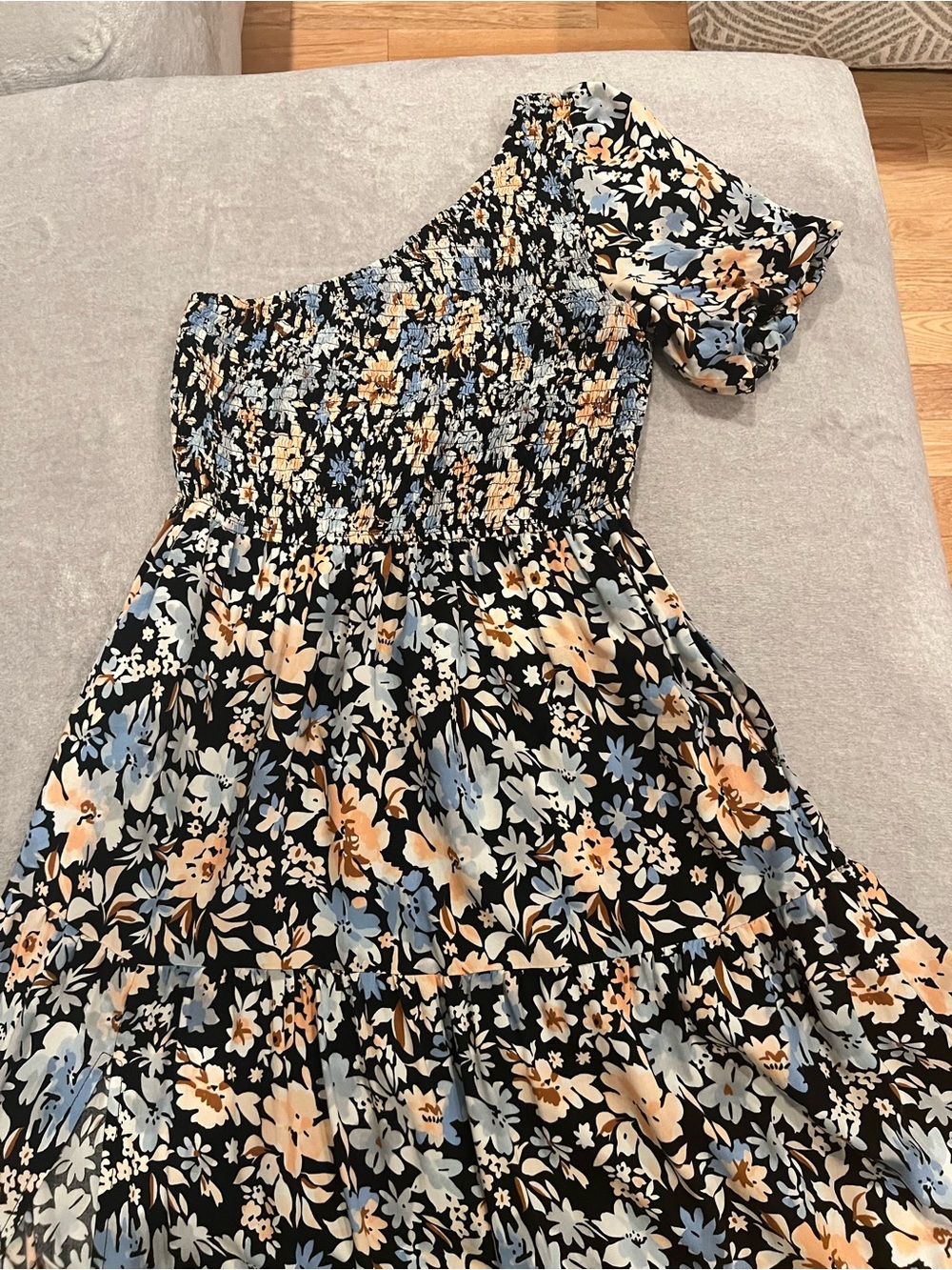 Black Floral One-Shoulder Dress with Blue & Cream Flowers